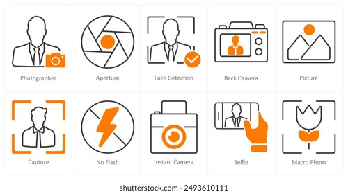 A set of 10 photography icons as photographer, apreture, face detection