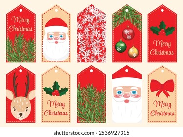 Set of 10 pieces of multi-colored gift tags on the Christmas theme. Vector illustration for decorating and embellishing gifts for the New Year and Christmas.