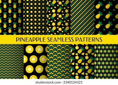Set of 10 pineapple seamless patterns. Summer tropical fruit vector background bundle.  Vector template for textile, fabric, wallpaper, wrapping paper, etc