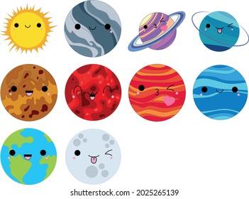 Set of 10 planets, solar system with emotions