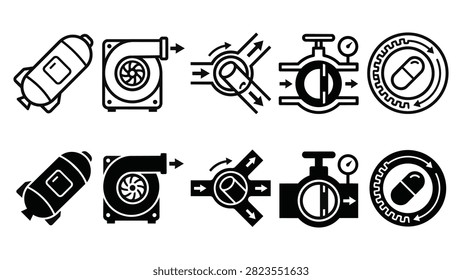 Set of 10 pneumatic capsule pipeline icons showing transport capsules, blowers, diverters, and valves