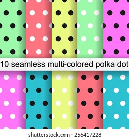 Set of 10 point of seamless patterns. white point. black dots. colored backgrounds