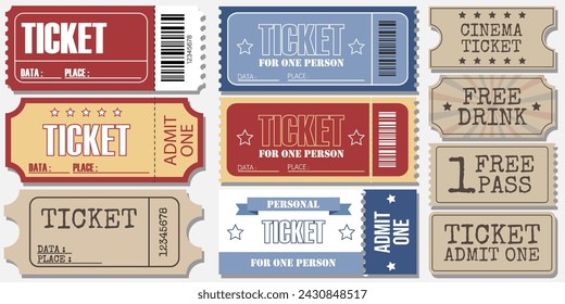 A set of 10 printable tickets for a party, cinema, holiday, event, party, entertainment.