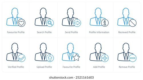 A set of 10 profile icons as favorite profile, search profile, send profile