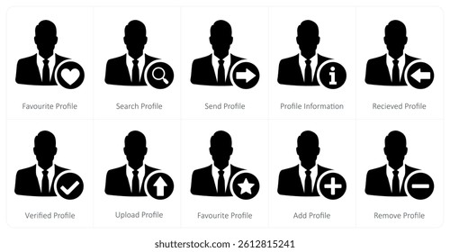 A set of 10 profile icons as favorite profile, search profile, send profile