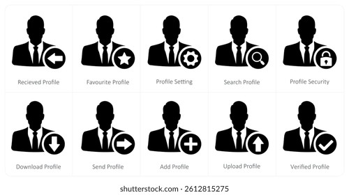 A set of 10 profile icons as received profile, favorite profile, profile setting