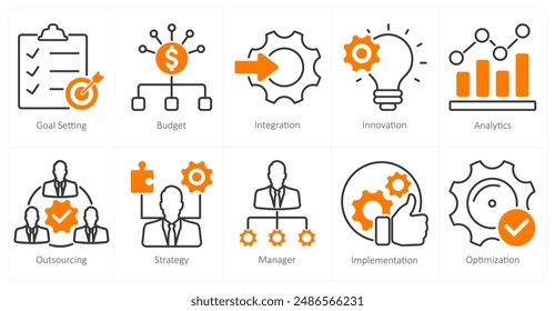 A set of 10 project management icons as goal setting, budget, integration