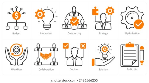 A set of 10 project management icons as budget, innovation, outsourcing
