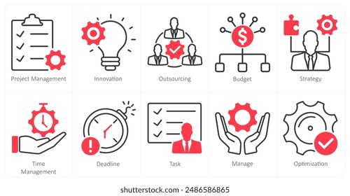 A set of 10 project management icons as project management, innovation, outsourcing