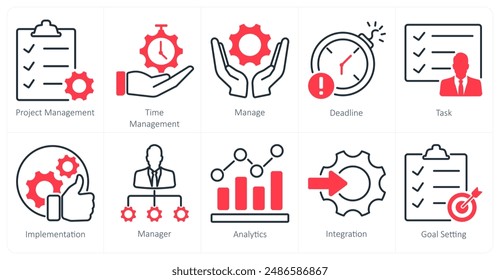 A set of 10 project management icons as project management, time management, manage