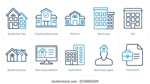 Um conjunto de 10 ícones de imóveis como apartamentos residenciais, verificando imóveis, mansão