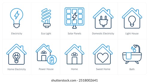 Um conjunto de 10 ícones de imóveis como eletricidade, luz ecológica, painéis solares