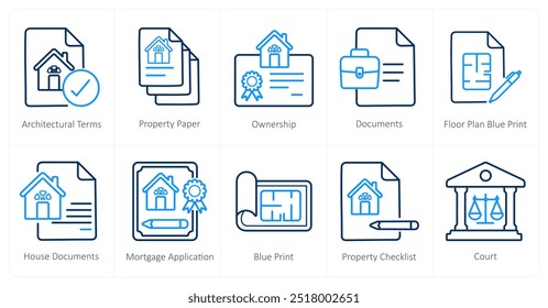 Um conjunto de 10 ícones de imóveis como termos arquitetônicos, papel de propriedade, propriedade