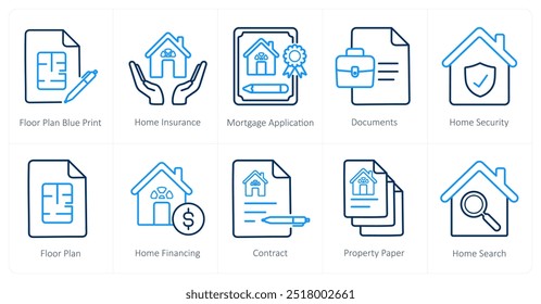 Um conjunto de 10 ícones de imóveis como planta de chão impressão azul, seguro de casa, aplicação de hipoteca