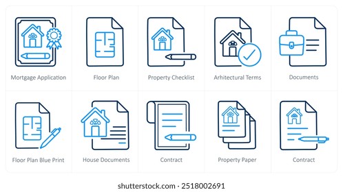 Um conjunto de 10 ícones de imóveis como aplicação de hipoteca, planta baixa, lista de verificação de propriedade,