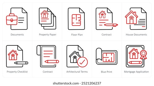 Um conjunto de 10 ícones de imóveis como documento, papel de propriedade, planta baixa