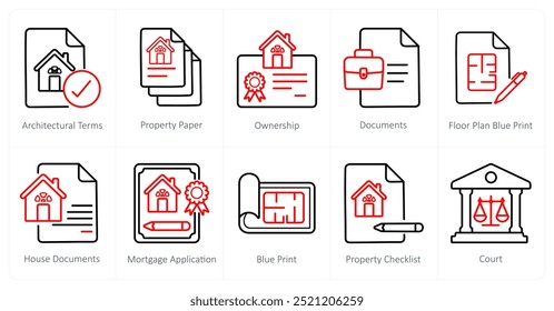 Um conjunto de 10 ícones de imóveis como termos arquitetônicos, papel de propriedade, propriedade