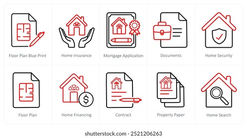 Um conjunto de 10 ícones de imóveis como planta de chão impressão azul, seguro de casa, aplicação de hipoteca