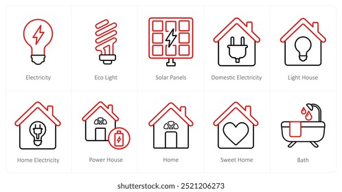 Um conjunto de 10 ícones de imóveis como eletricidade, luz ecológica, painéis solares