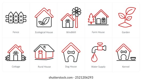 A set of 10 Real Estate icons as fence, ecological house, windmill