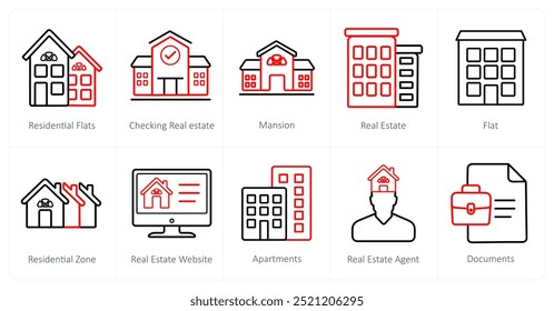 Um conjunto de 10 ícones de imóveis como apartamentos residenciais, verificando imóveis, mansão