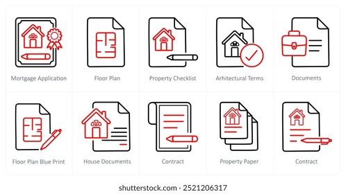 Um conjunto de 10 ícones de imóveis como aplicação de hipoteca, planta baixa, lista de verificação de propriedade,