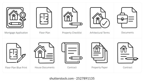 Um conjunto de 10 ícones de imóveis como aplicação de hipoteca, planta baixa, lista de verificação de propriedade,