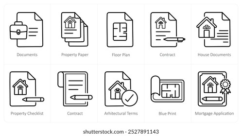 Um conjunto de 10 ícones de imóveis como documento, papel de propriedade, planta baixa