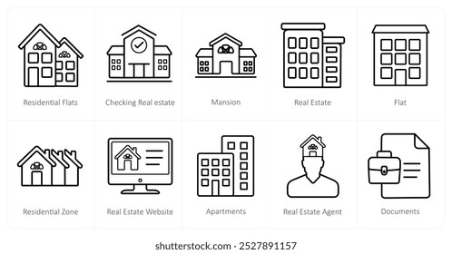 Um conjunto de 10 ícones de imóveis como apartamentos residenciais, verificando imóveis, mansão