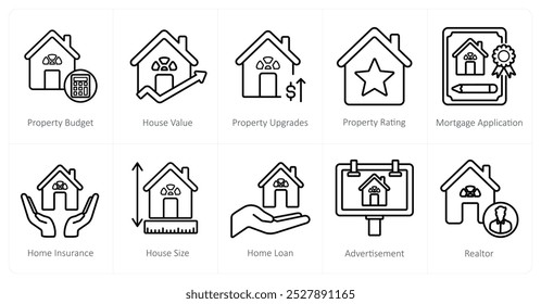 Un conjunto de 10 íconos de bienes raíces como presupuesto de la propiedad, valor de la casa, Mejorar de la propiedad