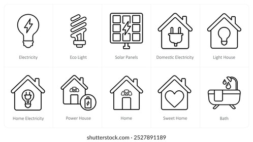 Um conjunto de 10 ícones de imóveis como eletricidade, luz ecológica, painéis solares