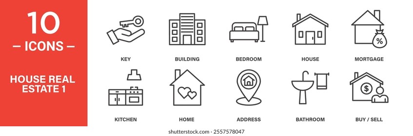 A set of 10 real estate icons including house, mortgage, bedroom, kitchen, home, address, and key-related visuals for property and homeownership themes.