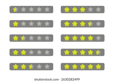 Conjunto de 10 ícone de Estrela de Classificação de Gradiente Amarelo Realista para Jogo de 0,5 a 5 Estrelas isoladas em Fundo Cinza. Vetor de Ícone Editável de Alta Qualidade