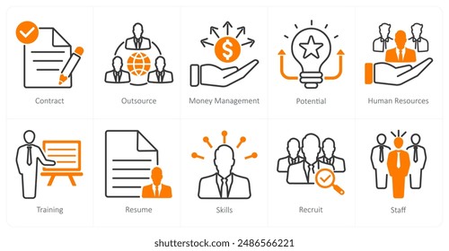 A set of 10 recruitment icons as contract, outsource, money managemen