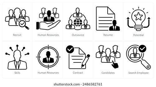 A set of 10 recruitment icons as recruit, human resources, outsource