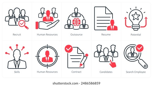 A set of 10 recruitment icons as recruit, human resources, outsource