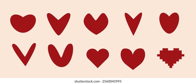 set of 10 red hearts in retro style for valentines day, flat vector illustration, perfect for your holiday background, textile, greeting card, wrapping