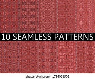 Set of 10 red seamless mosaic patterns. Abstract polygonal backgrounds with vector for wallpaper, backdrop, banner, template, illustration, fabric and other applications. Geometric seamless pattern.