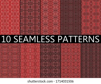 Set of 10 red seamless mosaic patterns. Abstract polygonal backgrounds with vector for wallpaper, backdrop, banner, template, illustration, fabric and other applications. Geometric seamless pattern.