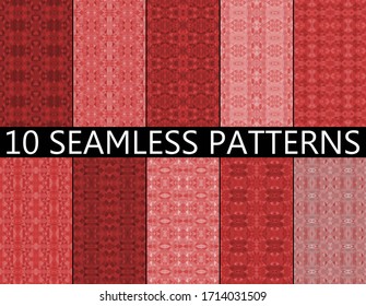 Set of 10 red seamless mosaic patterns. Abstract polygonal backgrounds with vector for wallpaper, backdrop, banner, template, illustration, fabric and other applications. Geometric seamless pattern.