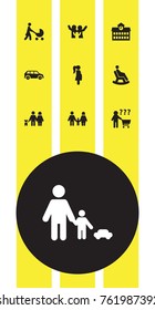 Set Of 10 Relatives Icons Set.Collection Of Automobile, Perambulator, Walking And Other Elements.