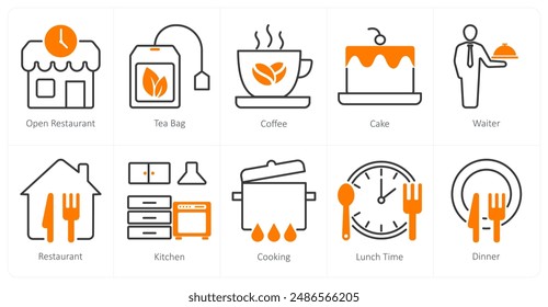 A set of 10 restaurant icons as open restaurant, tea bag, coffee