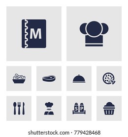 Set Of 10 Restaurant Icons Set.Collection Of Silverware, Meat, Pepperoni And Other Elements.