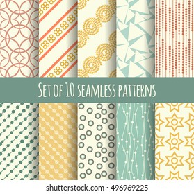 Set of 10 retro seamless pattern can be used for wallpaper, website background, textile printing, wrapping paper, holiday cards, wedding invitation, postcard, banner, flyer. Modern geometric texture.
