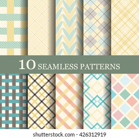 Set of 10 retro seamless patterns. Modern geometric texture. Endless texture can be used for wallpaper, pattern fills, web page background,surface textures. Set of geometric ornaments.