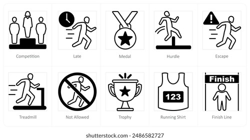 A set of 10 running icons as competition, late, medal