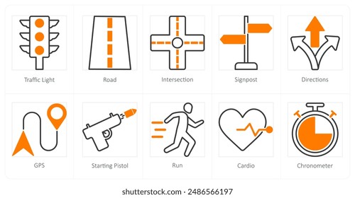A set of 10 running icons as traffic light, road, intersection