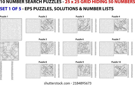 A set of 10 scalable number search puzzles using a 25 x 25 grid for kids, adults and seniors. For web use or compilation into a standard or large print paperback activity book.