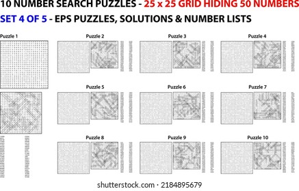 A set of 10 scalable number search puzzles using a 25 x 25 grid for kids, adults and seniors. For web use or compilation into a standard or large print paperback activity book.