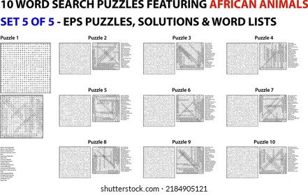 A set of 10 scalable word search puzzles featuring African animals for kids, adults and seniors. For web use or compilation into a standard or large print paperback activity book.